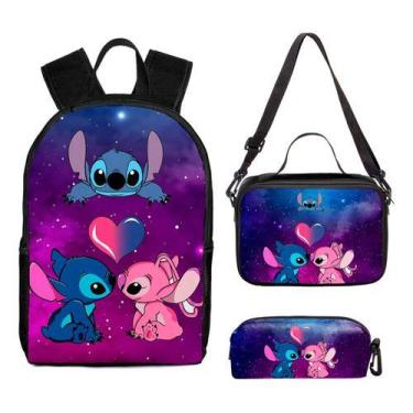 Imagem de Kit Mochila Escolar Infantil Lancheira Estojo Stitch Roxo - NoBrand