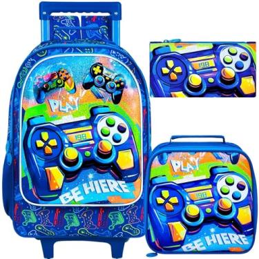 Imagem de ZLYERT 3 unidades de mochila com rodinhas para meninas e meninos, mochila infantil com rodas, unicórnio dinossauro sereia, Azul (Game Blue), One Size