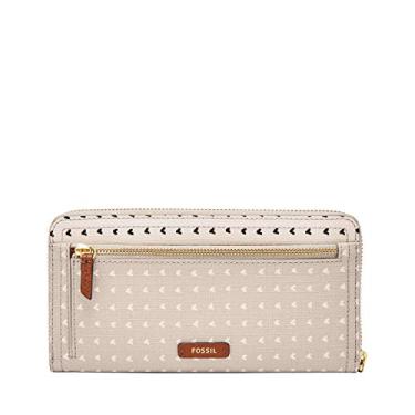 Imagem de Fossil Carteira feminina de couro Logan com bloqueio de RFID com zíper e alça de pulso, Corações, One Size