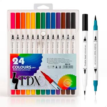 Imagem de Kit 24 Canetas Ponta Dupla Cores Vibrantes Brush 2mm e Fineliner 0,4mm Tinta não Tóxica para Desenho Colorir Arte 2 em 1 Marcadoras Traço Fino Lettering Escolar Multicores