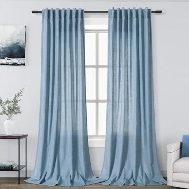 Imagem de Nanspring Cortinas azuis 132 polegadas de comprimento, 2 painéis para sala de estar, bolso traseiro, varão, semitransparentes, cortinas de linho neutro, cortina azul, comprimento do teto ao chão, para