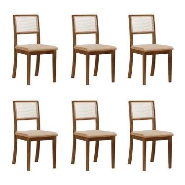 Imagem de Kit 6 Cadeiras De Jantar Palha Estofadas Linho Bege Com Tela