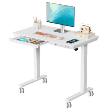 Imagem de JYLH JOYSEEKER Mesa pequena de pé com gaveta, mesa de mesa elétrica de 89 cm x 50 cm, mesa de mesa elétrica com altura ajustável com portas de armazenamento e USB, mesa de computador de escritório