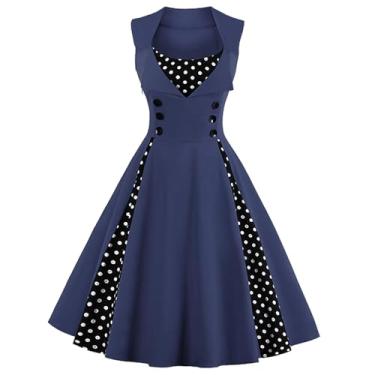 Imagem de KILLREAL Vestido feminino rodado retrô de bolinhas estilo vintage para coquetéis, Azul escuro, GG