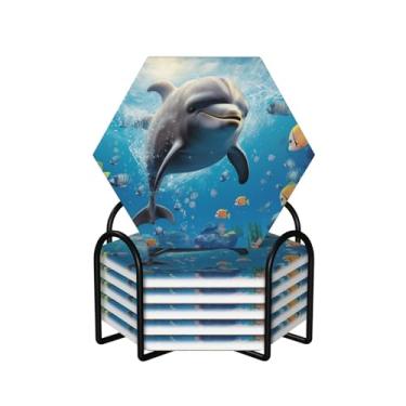 Imagem de Porta-copos para bebidas, conjunto de 6 porta-copos redondos absorventes de cerâmica antiderrapante com suporte e base de cortiça, tapete reutilizável para copos de golfinho fofo para tipos de xícara
