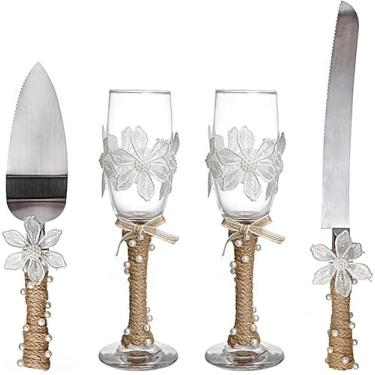 Imagem de Conjunto De Servidor De Bolo E Flautas De Brinde De 4 Peças - 2 Taças De Champanhe Para Brindar, 1 Servidor De Torta E 1 Faca De Corte, Presentes Para Noiva E Noivo, B