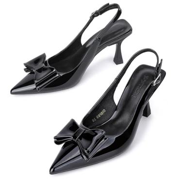Imagem de Zelaprox Sandália feminina fechada de bico fino com salto gatinho com fivela ajustável, laço e nó para encontros, festas, casamentos, convidadas, formaturas, Preto, 41 BR