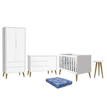Imagem de Dormitório Infantil Theo Retrô 2 Portas, Cômoda 1 Porta, Berço, Mesa de Apoio com Pés Amadeirado e Colchão - Reller Móveis Branco Fosco
