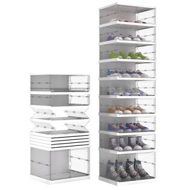 Imagem de FAHKNS Sapateira dobrável, organizador de sapatos portátil, armário de armazenamento com porta magnética transparente, sem montagem para entrada, sala de estar e quarto, 9 camadas, 16 pares