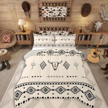 Imagem de Erosebridal Jogo de cama casal caubói ocidental, conjunto de edredom de caveira de touro para decoração de quarto de meninos meninas homens, colcha de chifre étnico asteca boho, enchimento de edredom