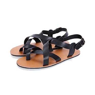 Imagem de Couro genuíno masculino joanete corretor sandálias planas chinelos, sapatos ortopédicos, tamanho ajustável hallux valgus, para alívio da dor hallux valgus joanetes sintomas(Black,37 EU)