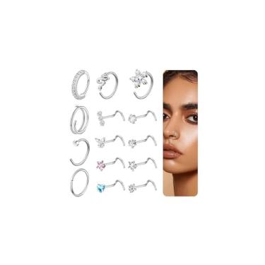 Imagem de Bautidots 14 peças piercing de nariz 20G 18G piercing de nariz de aço inoxidável CZ L S piercing de nariz piercing de narina joias para mulheres homens prata ouro, Aço inoxidável, Zircônia cúbica