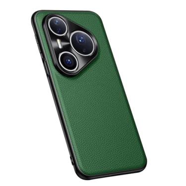 Imagem de HAOMRIYL Capa de couro para Huawei Pura 80 Pro+/80 pro/80, capa de proteção de câmera de metal ultrafina textura de grão de lichia capa antiimpressão digital, verde, 80