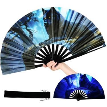 Imagem de INNOLIFE Grande ventilador de mão dobrável, ventilador de brilho UV, ventilador de mão de bambu para dança (lobo)