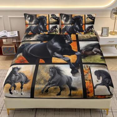 Imagem de AILONEN Jogo de lençol solteiro de cavalo preto, tamanho GG, cavalo galopante, para crianças e adultos, jogo de cama com design xadrez de animal selvagem, 3 peças, 1 lençol com elástico + 2 fronhas