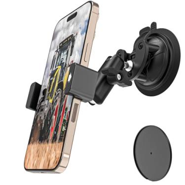 Imagem de Charchendo Suporte de telefone para para-brisa de trator [braço de metal à prova de choque], suporte de telefone de para-brisa para empilhadeira/máquina agrícola/barco, compatível com iPhone 16 15 14