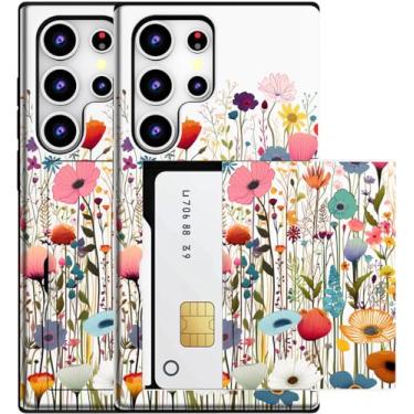 Imagem de MUQR Capa compatível com Samsung Galaxy S23 Ultra com porta-cartão fofo - Capa tipo carteira robusta com design Kawaii, proteção contra quedas de grau militar para mulheres (flores brancas do campo)