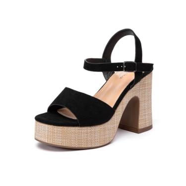 Imagem de Lryweisy Sandália feminina de camurça, alpargatas, plataforma grossa, bico aberto, tira no tornozelo, Preto 31, 40