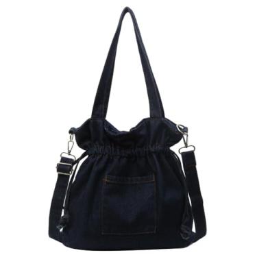 Imagem de Bolsa de ombro jeans feminina de lona, bolsa transversal, estética, grande, jeans, bolsa mensageiro, bolsas Hobo com cordão, Azul marino, Free