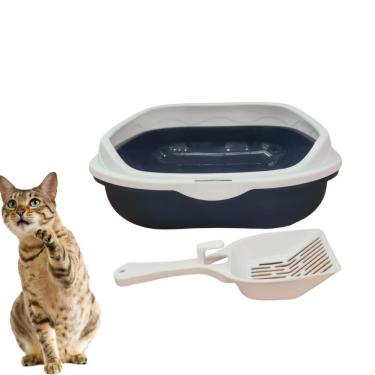 Imagem de Caixa De Areia Banheiro Higiênica Bandeja Para Pets Gatos Com Borda + 1 Pá Coletora Azul Escuro