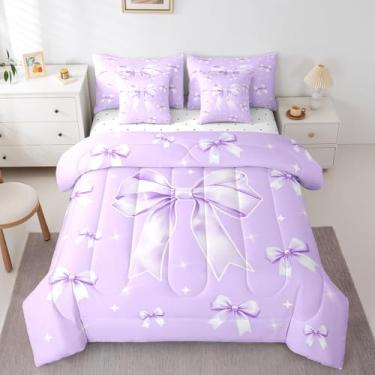 Imagem de Erosebridal Jogo de cama solteiro com laço roxo com nó de borboleta sonhadora, com fita de princesa, para crianças, mulheres, fantasia, estrelas brancas, lençol com elástico
