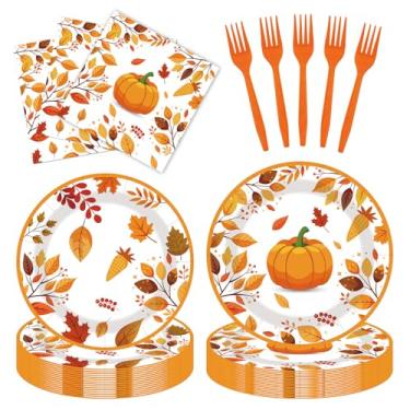 Imagem de 80 peças de pratos de papel de ação de graças e guardanapos, garfos, pratos de bolo de jantar, folhas de outono, decorações de festa de abóbora para outono, Ação de Graças, férias, casamento