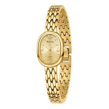 Imagem de Rovixs Relógio feminino oval vintage, design dourado pequeno com caixa à prova d'água e pulseira ajustável, movimento de quartzo japonês, Dourado