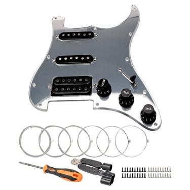Imagem de Unxuey Escudo de guitarra carregado com 11 furos SSH com captador preto Humbucker conjunto de placas de raspar pré-cabeadas para Fender Strat, espelho de 1 camada prata, com cordas de guitarra e ferramenta de instalação