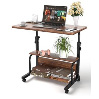Imagem de QZMDSM Mesa portátil com rodinhas com prateleiras de armazenamento para escritório em casa, mesa pequena em pé com altura ajustável para espaços pequenos, rústica profunda