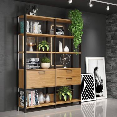 Imagem de Estante para Livros 2 Gavetas 1 Porta Estilo Industrial E92 Freijó Preto Fosco Dalla Costa