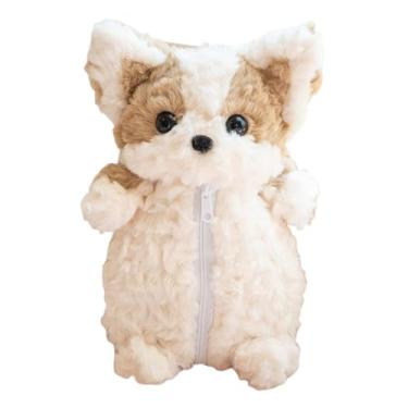 Imagem de IEUDNS Estojo de pelúcia em formato de cachorro Corgi, bolsa para lápis com fecho de zíper, bolsa criativa para bicho de pelúcia, de maquiagem para presente, Marrom Claro