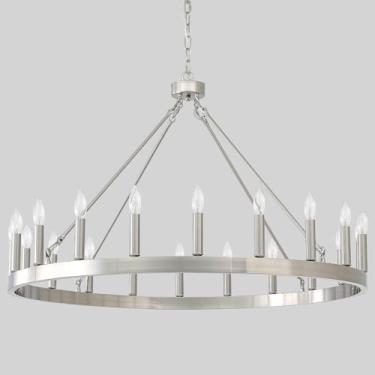 Imagem de VBKK Lustre de roda de vagão prata 101,6 cm, lustre de níquel escovado para sala de jantar 20 luzes, lustres redondos modernos de sala de estar para foyer, entrada, E12