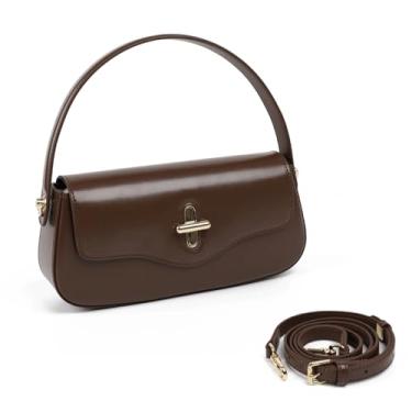 Imagem de MoreFather Bolsa tiracolo de couro legítimo, bolsa de mão com alça superior para mulheres, bolsa de ombro com alça ajustável, Marrom escuro, Bonito