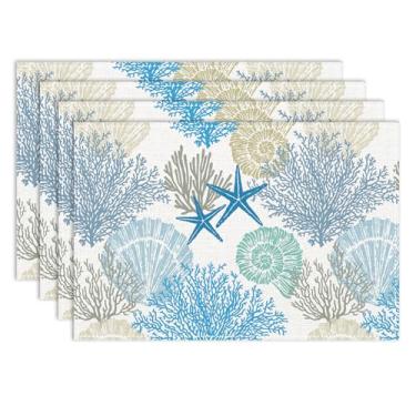 Imagem de Conjunto de 4 jogos americanos náuticos, 30,5 x 45,7 cm, azul oceano, concha, coral, estampa costeira, férias, mesa de café, para casa, cozinha, jantar, pátio, festa, decoração de mesa