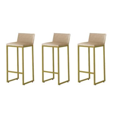 Imagem de Kit 3 Banquetas Alta Dani Reforçada Decorativa Balcão Bancada Cozinha Bar Base Dourada Courino
