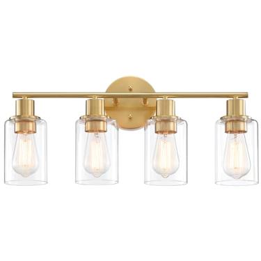 Imagem de Pia Ricco Luminárias de banheiro para banheiro, 4 luzes de parede de banheiro com persianas de vidro transparente, arandela de parede moderna sobre espelho, arandelas de parede de banheiro para