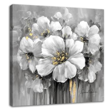 Imagem de Woxfcart Pintura de flores arte de parede em tela florescendo branco floral com ouro para decoração de quarto preto e branco cinza sala de estar 61 cm x 61 cm