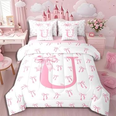 Imagem de Erosebridal Jogo de cama de 7 peças com laço rosa fofo, monograma, princesa, presente de princesa, para crianças, meninas, com letra U em uma bolsa, com letra inicial A-Z, conjunto de lençol com laço