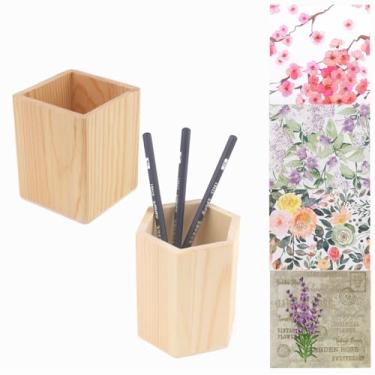 Imagem de Pacote com 2 porta-lápis de madeira com 20 guardanapos de papel de decoupage, porta-canetas de madeira inacabada, copo de caneta faça você mesmo com 4 impressões coloridas – kits de artesanato para