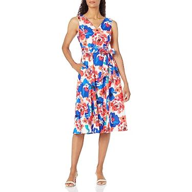 Imagem de Calvin Klein Vestido midi feminino sem mangas com decote em V e faixa na cintura, Regatta Multi, 11