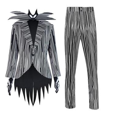 Imagem de JJDQB Fantasia listrada de Halloween Jack Skellington, terno risca de giz preto e branco, uniforme de Natal de pesadelo adulto (2GG)