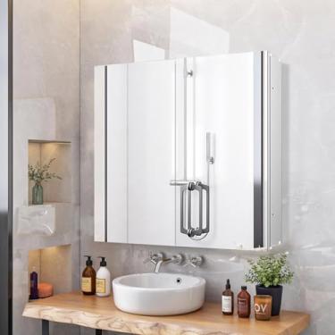 Imagem de HESONTH Espelho de armário de remédios de 66 x 76 cm com armazenamento, suporte de superfície de alumínio ou armário de remédios embutido com prateleiras ajustáveis para banheiro e quarto