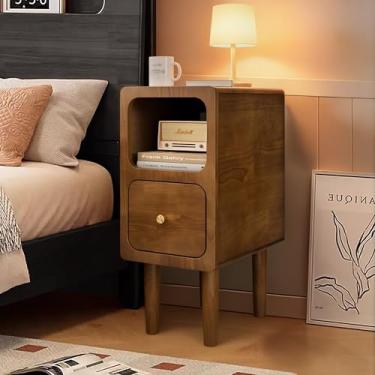 Imagem de LUPWNEKA Mesa de cabeceira de madeira, mesa lateral estreita com gaveta, mesa de cabeceira moderna de meados do século com abertura para sala de estar, quarto e espaços pequenos, cor nogueira