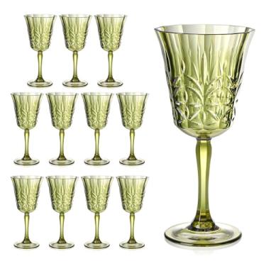Imagem de Conjunto de 12 taças de vinho de plástico verde de 293 ml, taças de vinho com haste e 12 copos de cristal inquebráveis e reutilizáveis para recepção de casamento, cerimônia de festa de grande evento