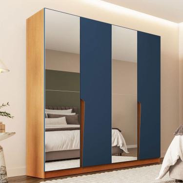 Imagem de Guarda-Roupa Casal Porto 4 Portas 4 Gavetas com Espelho Freijó/Azul - Politorno