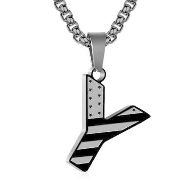 Imagem de Zocomi Colar com pingente de inicial da bandeira americana para homens e meninos, corrente de aço inoxidável 316L A-Z caixa de letras 50 + 5 cm joias presentes, Aço inoxidável, Sem Pedra Preciosa