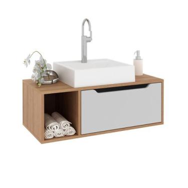 Imagem de Balcão Gabinete para Banheiro Suspenso 80cm com 1 Porta e Nicho MDP Am
