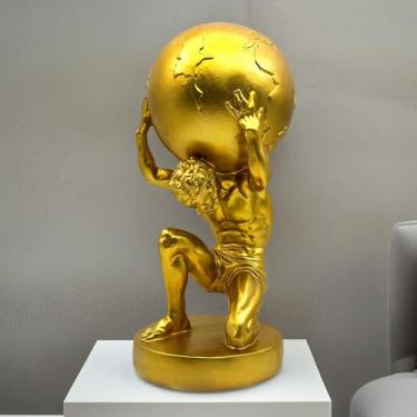 Imagem de FUNSXBUG Estátua de Deus Grego Mundo Grande Atlas de 28 cm Escultura Dourada Estatueta Colecionável Decoração de Casa Sala de Estar Decoração de Mesa
