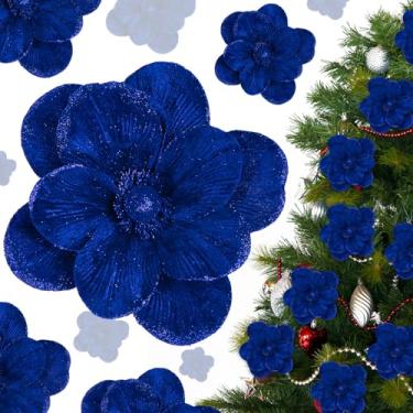 Imagem de Craftsatin 12 peças de flores de magnólia borgonha e poinsétia de veludo, brilhantes, cabeças grandes, flores artificiais de magnólia para decoração de casamento (azul royal)