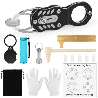 Imagem de Pletpet Kit de testador de moeda de prata, 16 peças, testador de ping de moeda para teste de ressonância e comparação de tamanho, lupa/martelo/chaveiro/placa de medição/pinça/bolsa/luz UV/luvas/capas
